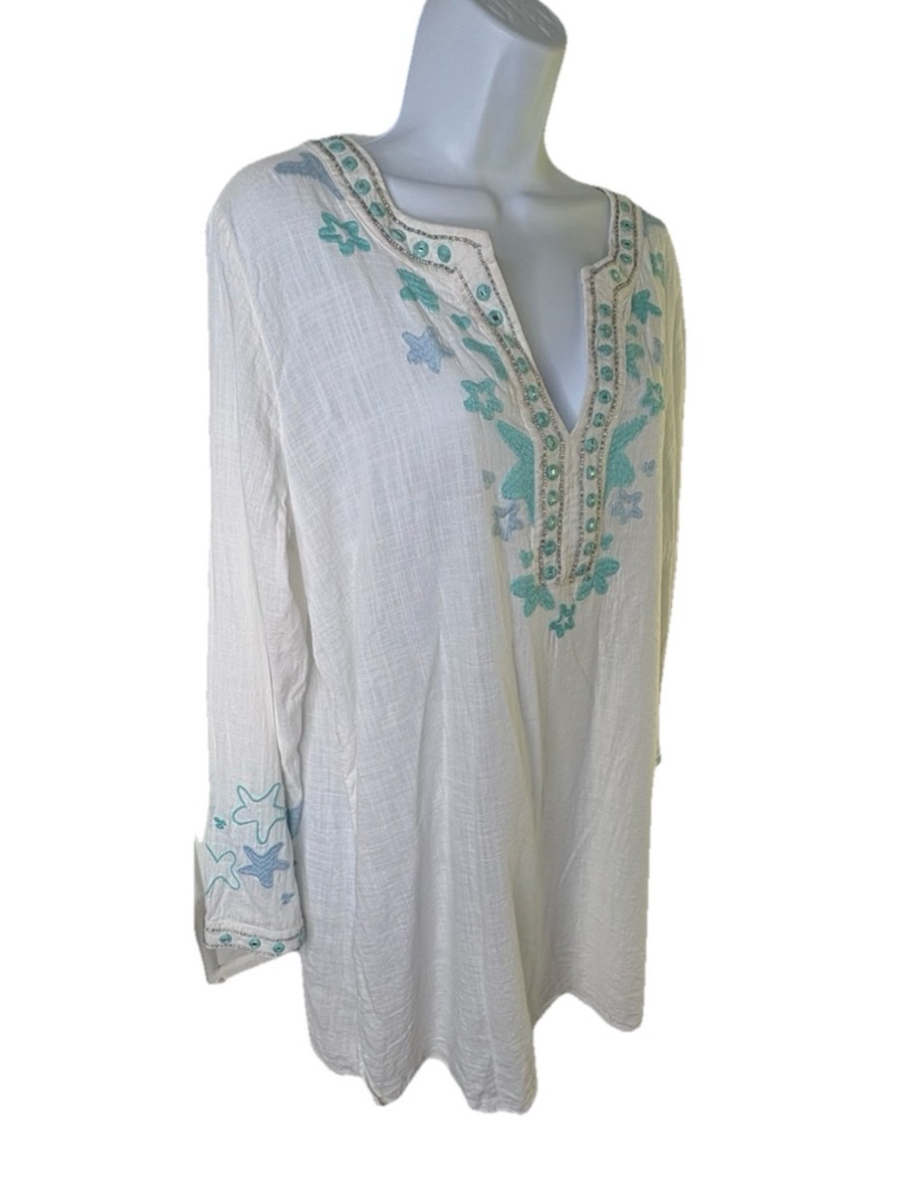 Vineyard Vines Starfish Embroidered Beaded Cotton Tunic Cover Up Top Size M
